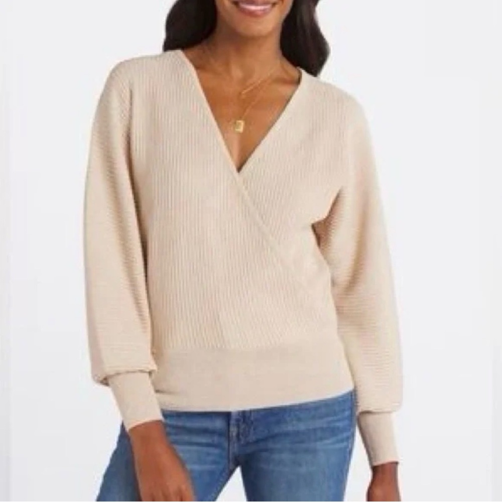 Pinque VNeck Ribbed Knit Back Cut Out Beige Sweater Sz L NWT Cozycore Minimalist
